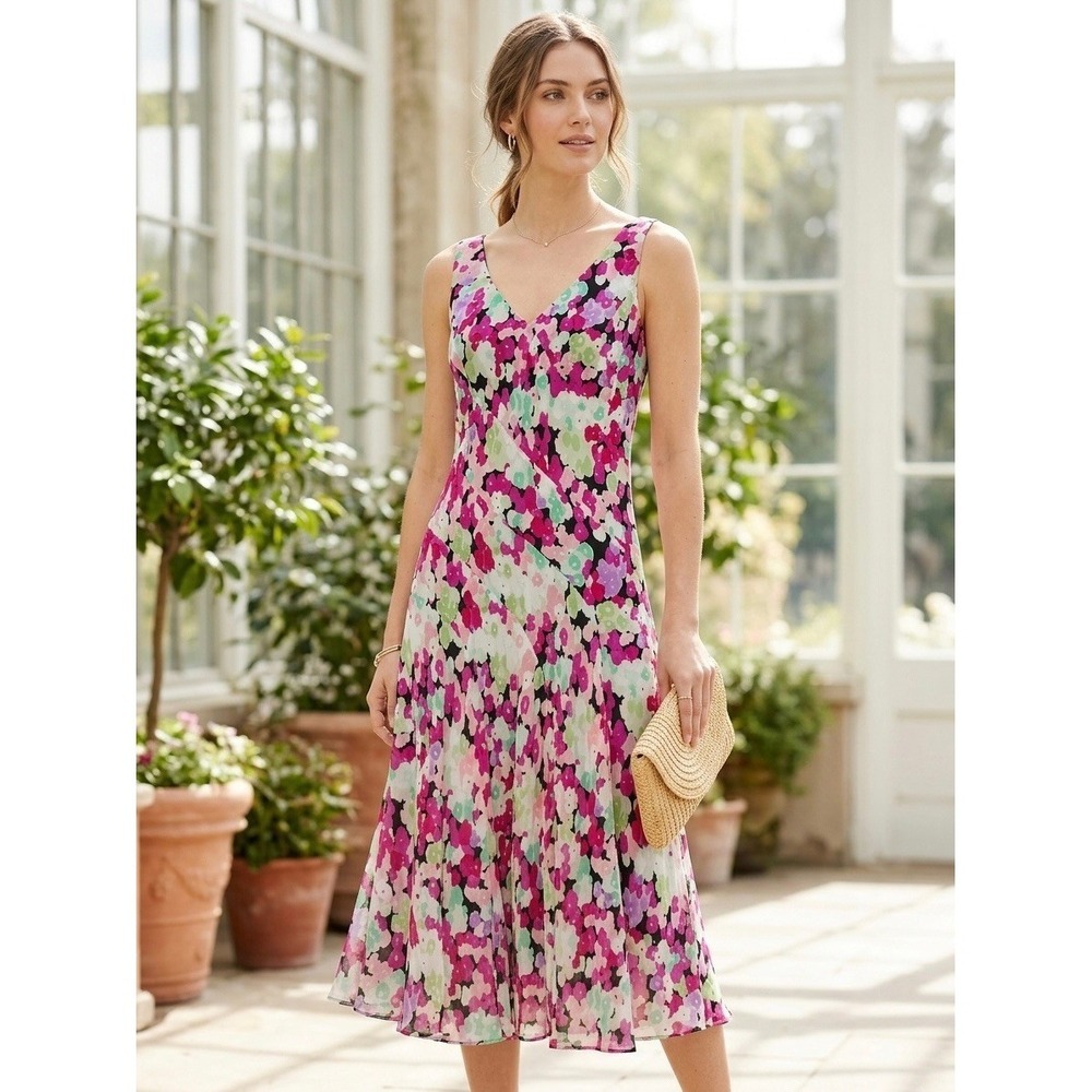 Jones New York 100% Silk Floral Midi Dress V-Neck Pink Purple Green Size 10